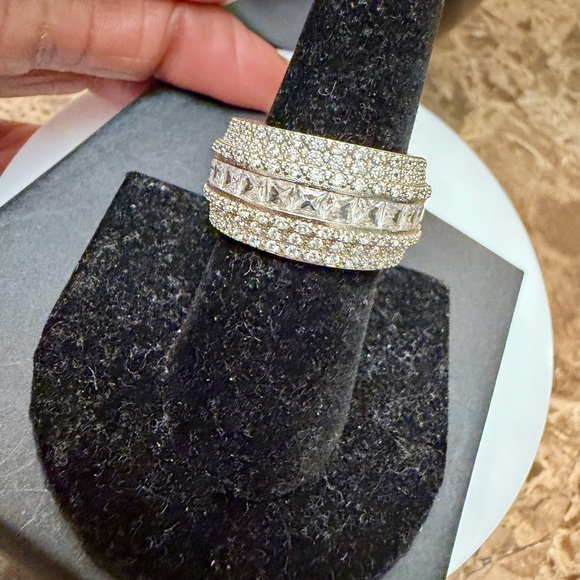 925 Sterling Silver Multi-Row Rhinestones Statement Ring - Clear - Picture 6 of 7